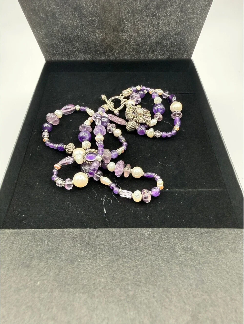 925 Sterling Silver Amethyst Pearl Peridot Gemstone Beaded Pendant Necklace